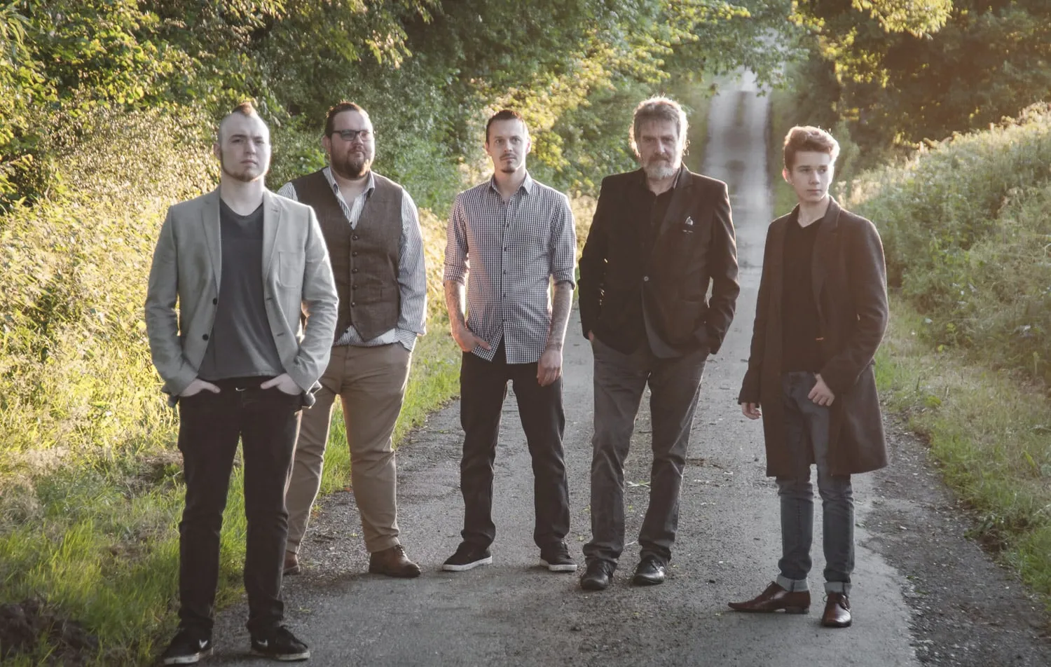 Cats and Crows band promo, 2016, featuring all five members: Isaac Birchall, Andy Cooper, Xander Croft, Dave Newman and David Lloyd.