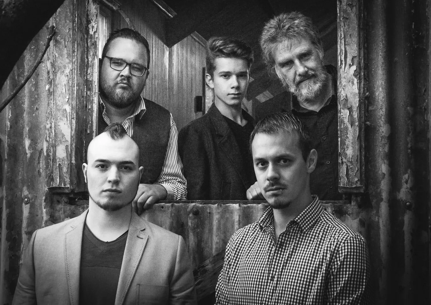 Acoustic folk band Cats and Crows at their 2016 promo photoshoot: Isaac Birchall, Andy Cooper, Xander Croft, Dave Newman and David Lloyd.